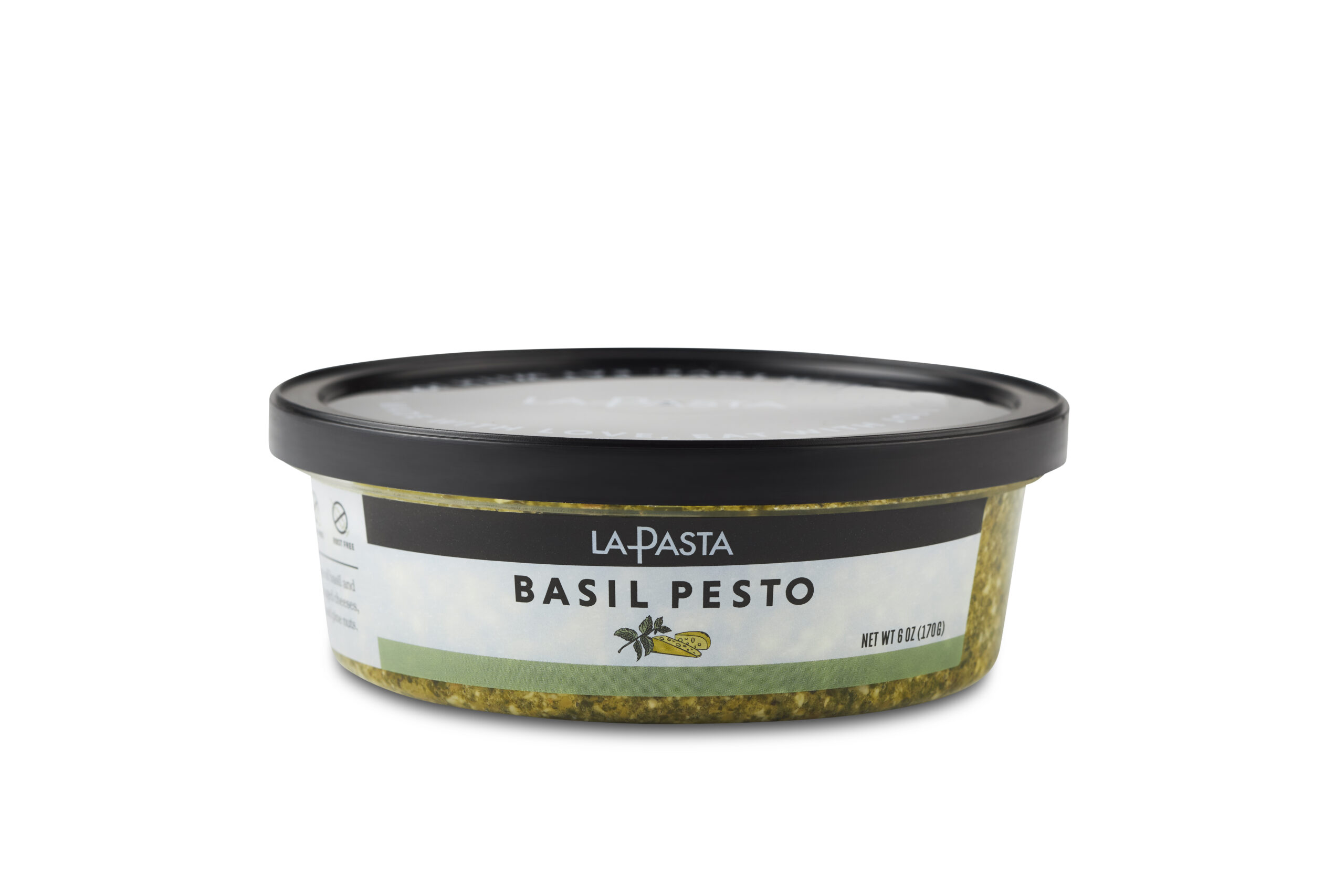 A container of basil pesto is shown.
