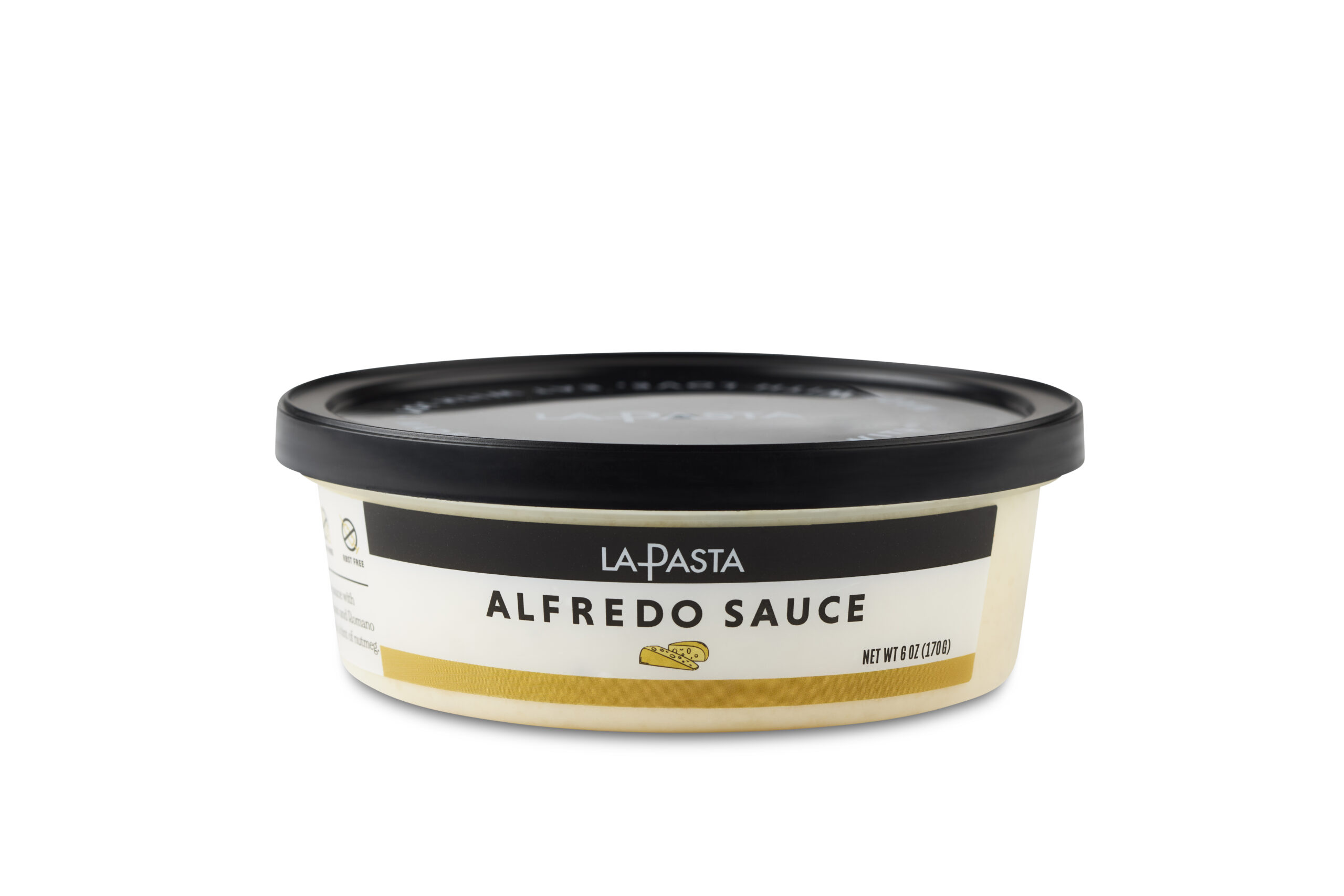 A container of alfredo sauce with black lid.