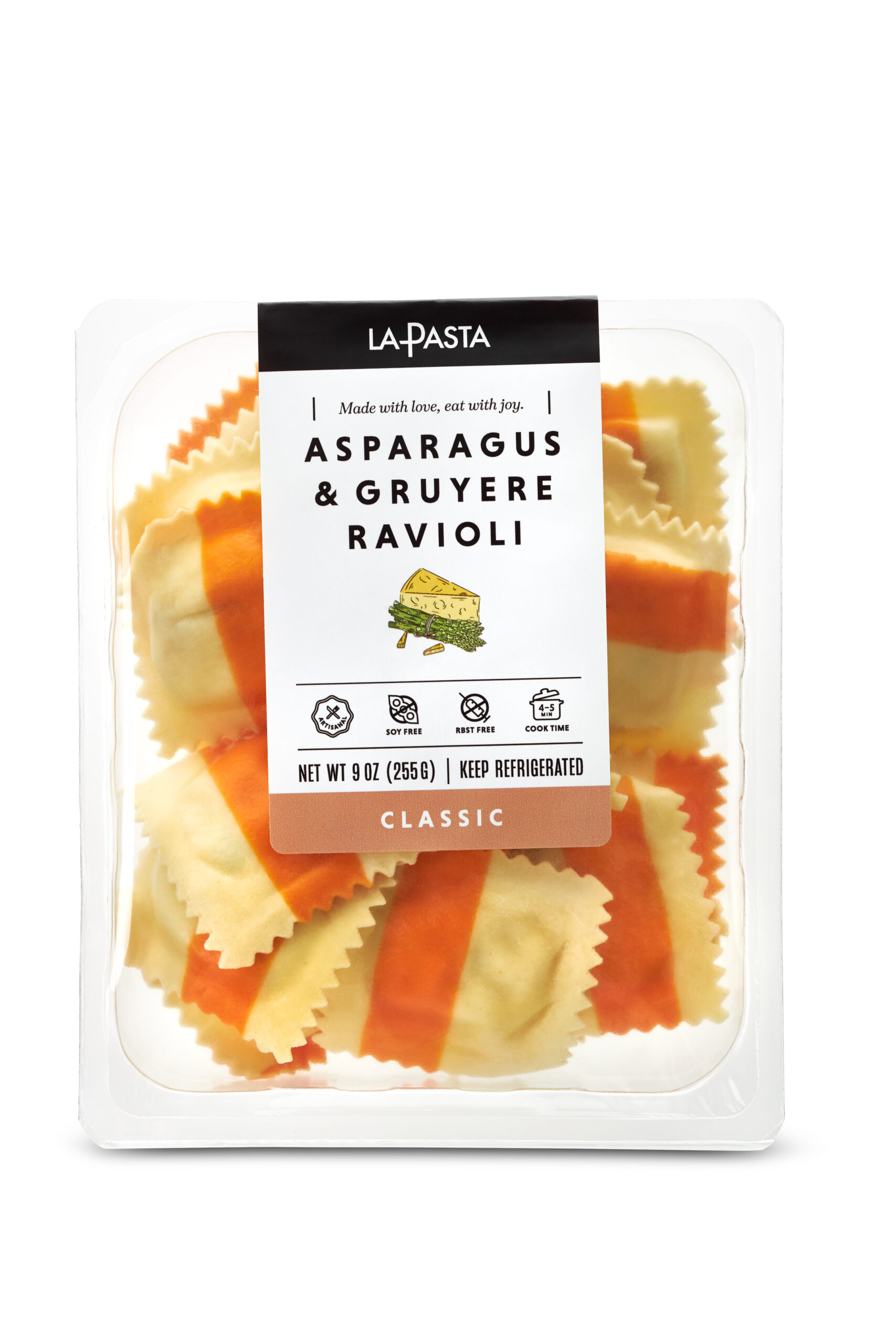 A package of ravioli with asparagus and orange.