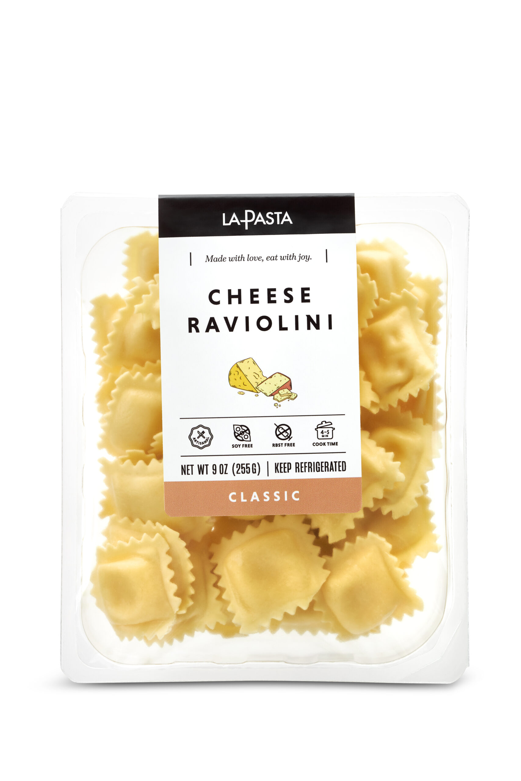 A package of cheese ravioli is shown.