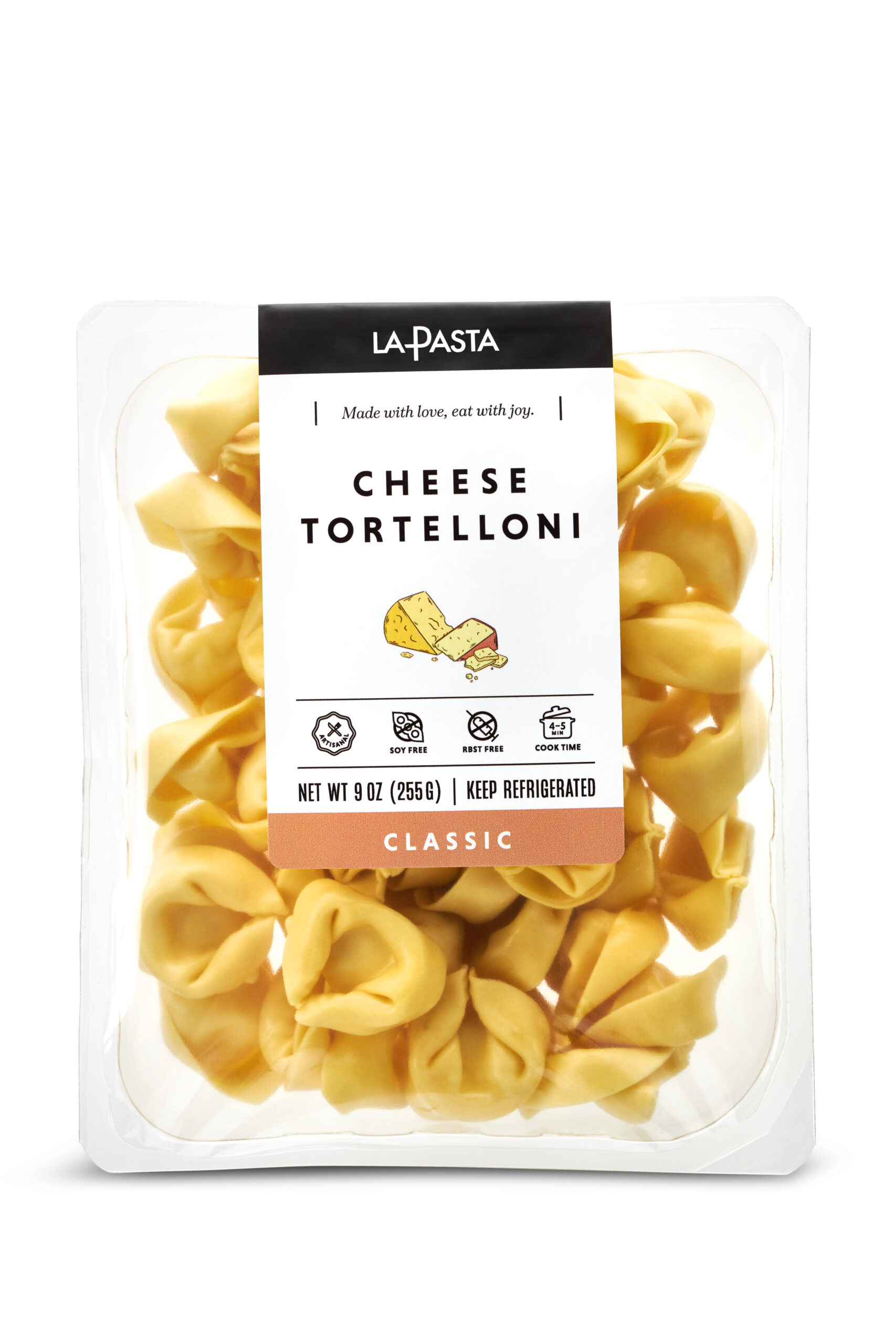 A package of cheese tortelloni is shown.