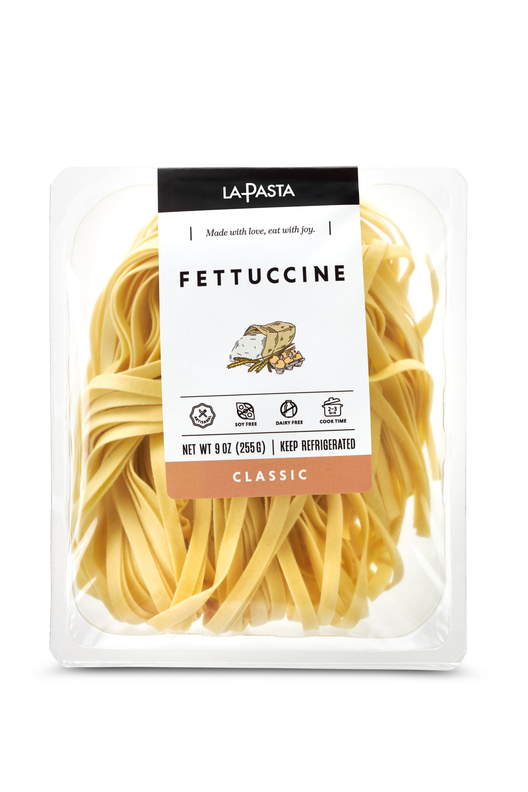 A package of fettuccine pasta is shown.