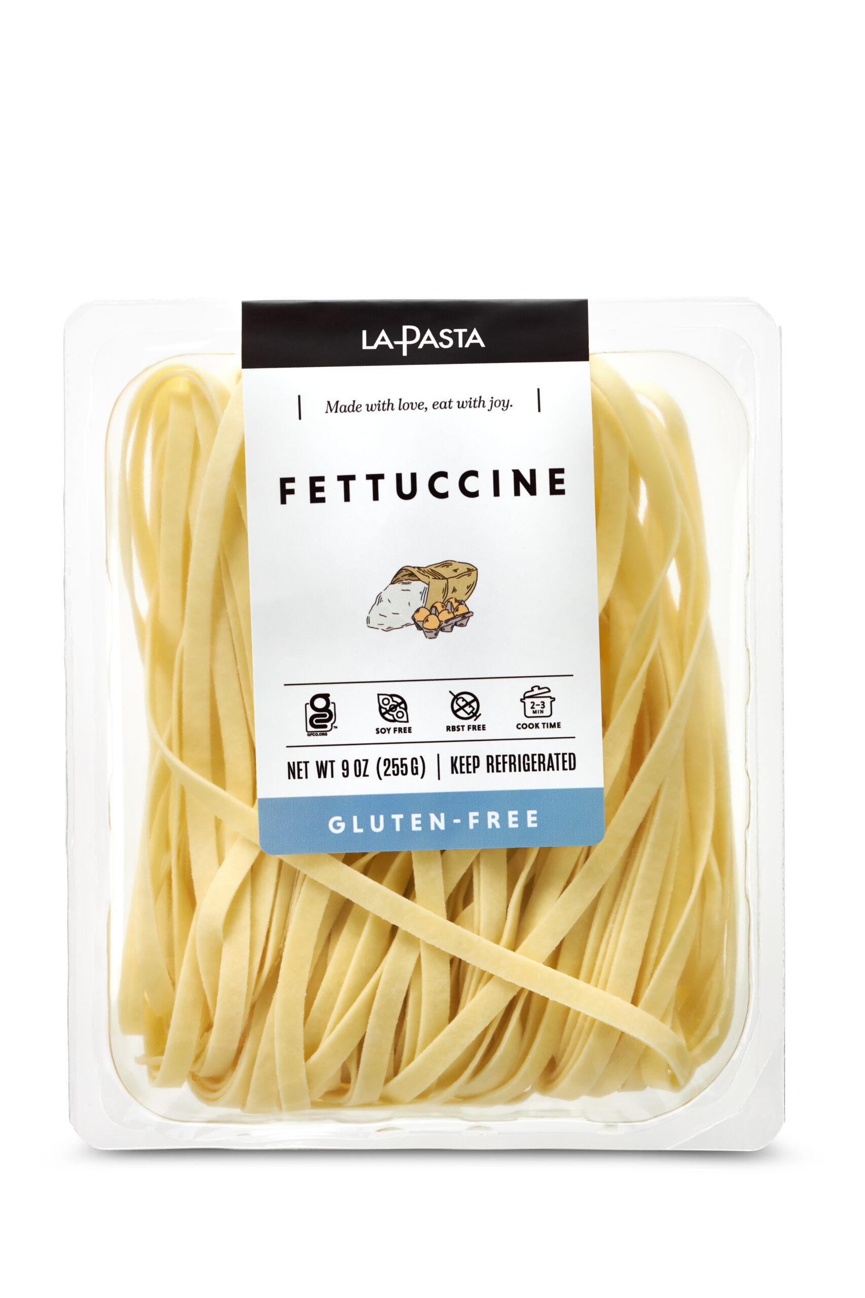 A package of fettuccine pasta with a label.