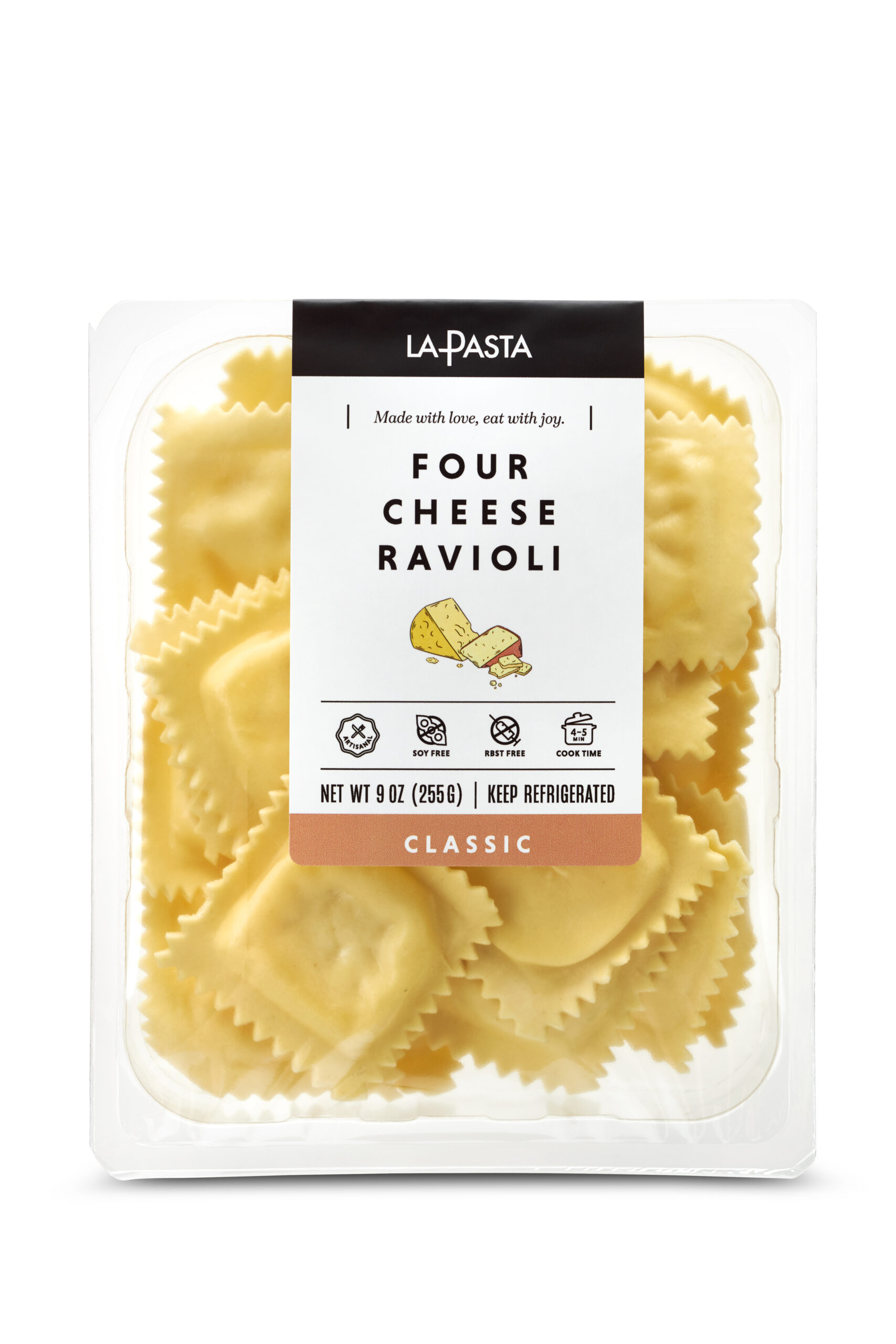 A package of four cheese ravioli is shown.