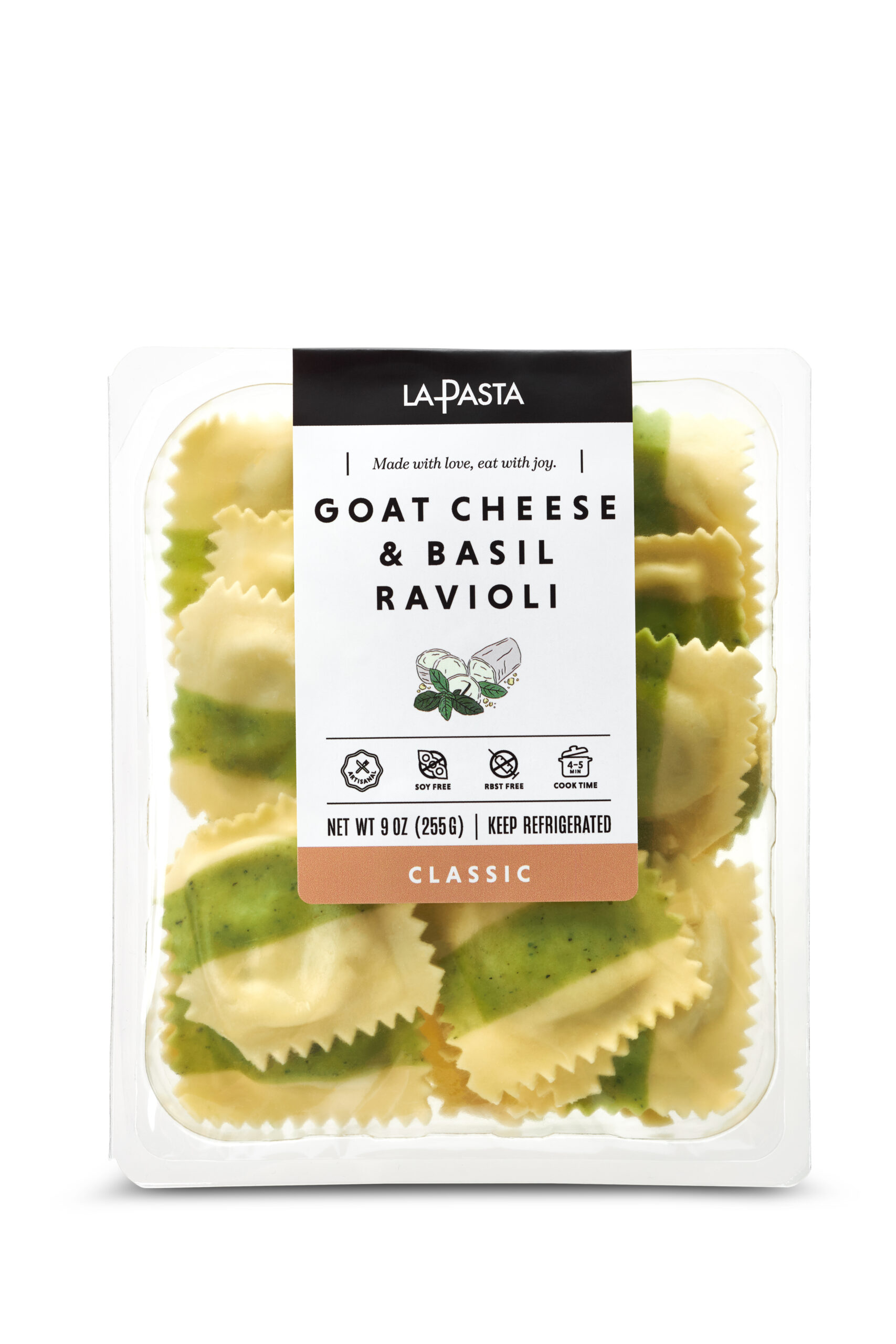A package of goat cheese and basil ravioli.