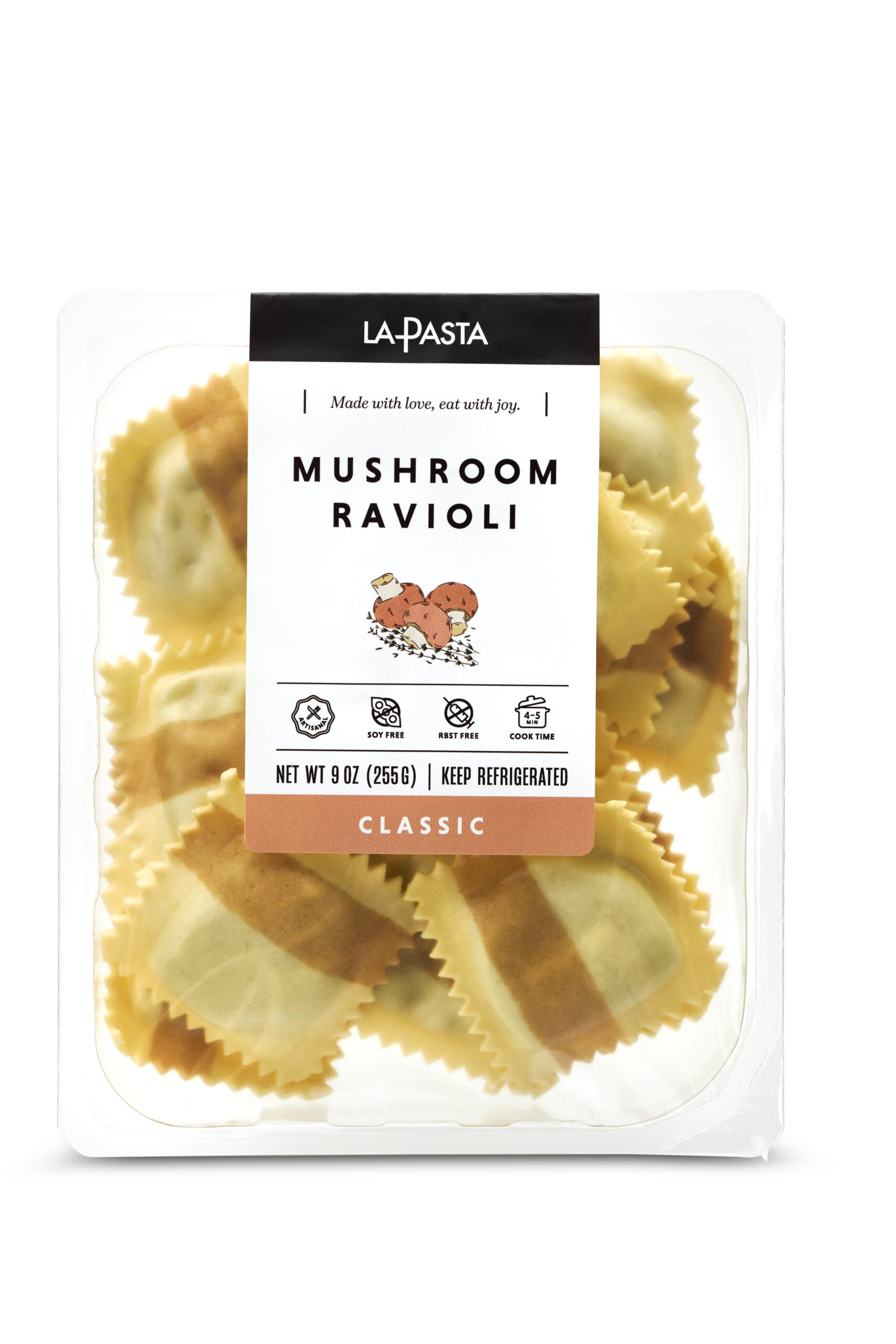 A package of mushroom ravioli is shown.