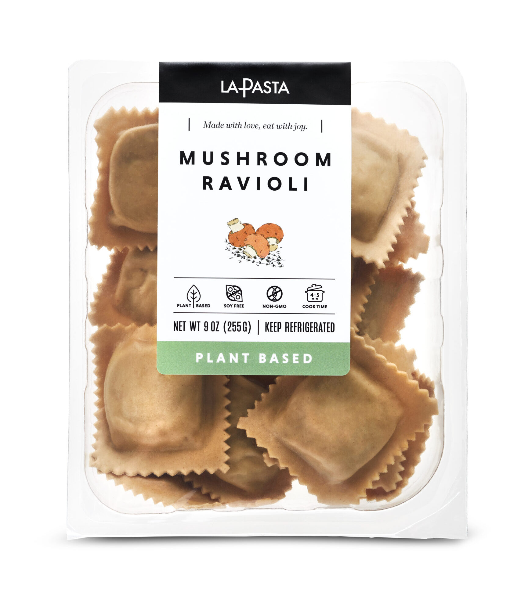 A package of mushroom ravioli is shown.