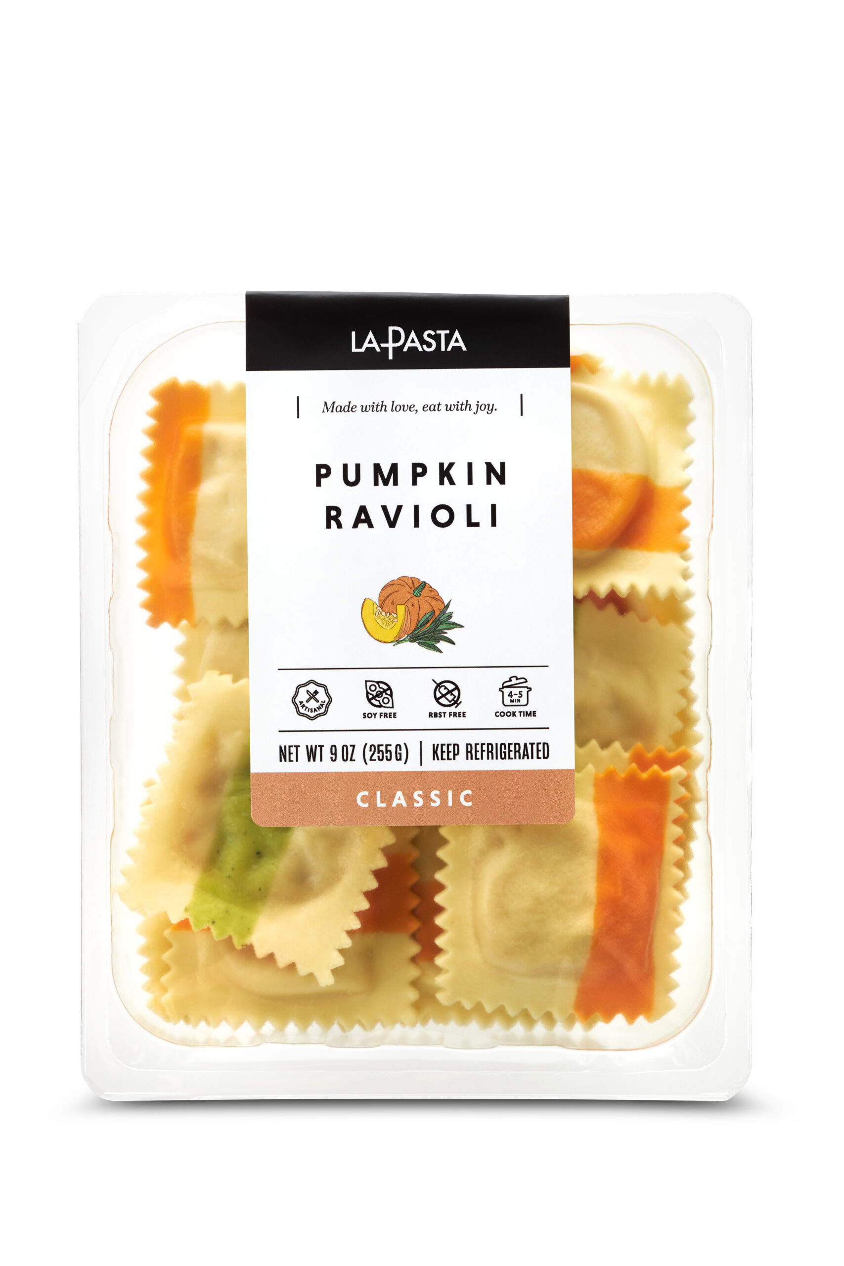 A package of pumpkin ravioli is shown.