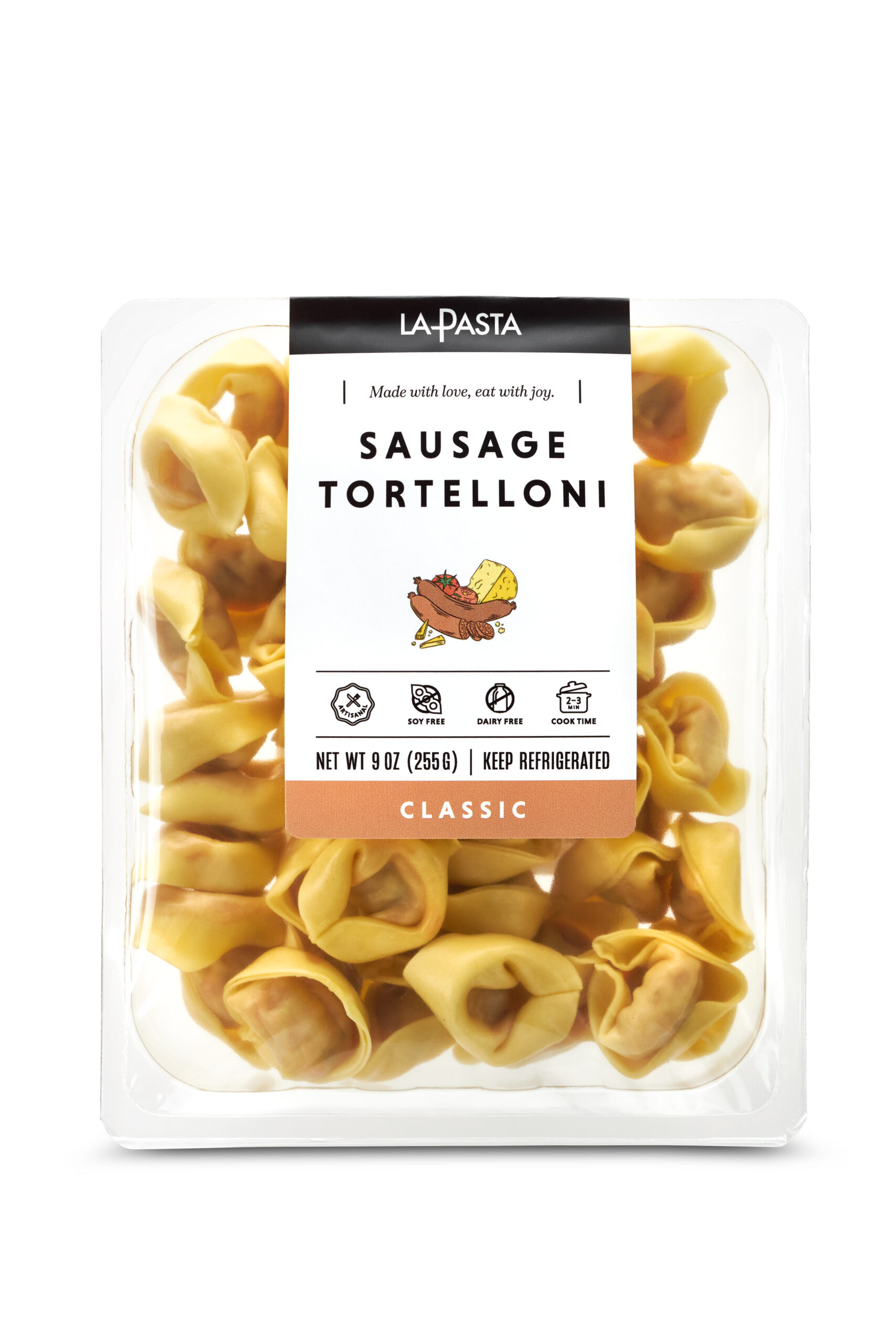 A package of sausage tortelloni is shown.