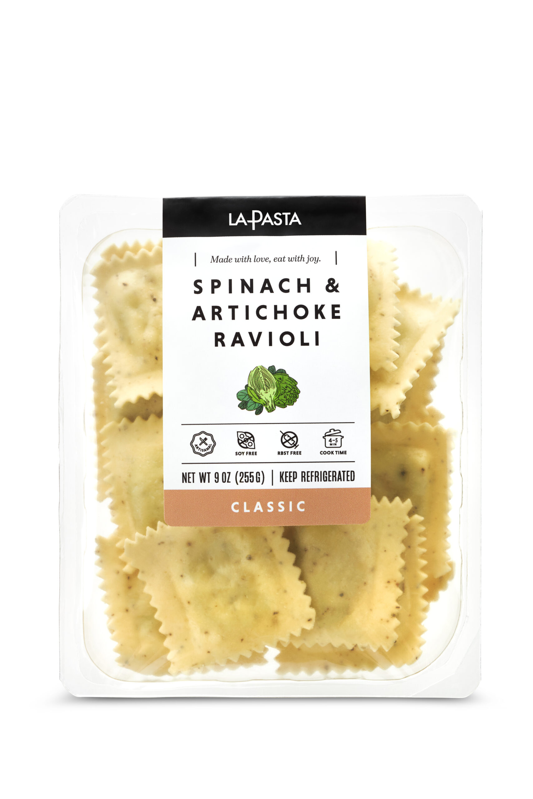 A package of spinach and artichoke ravioli.