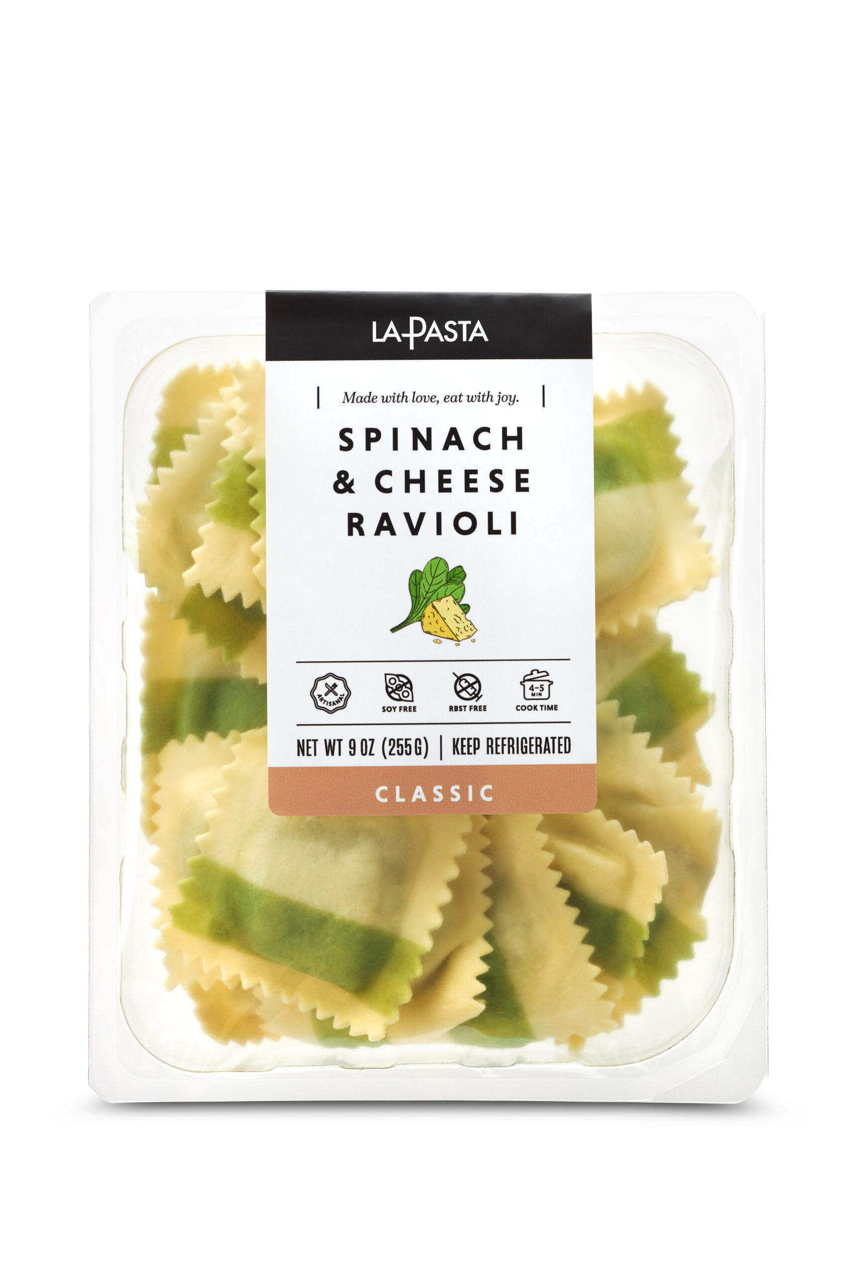 A package of spinach and cheese ravioli.