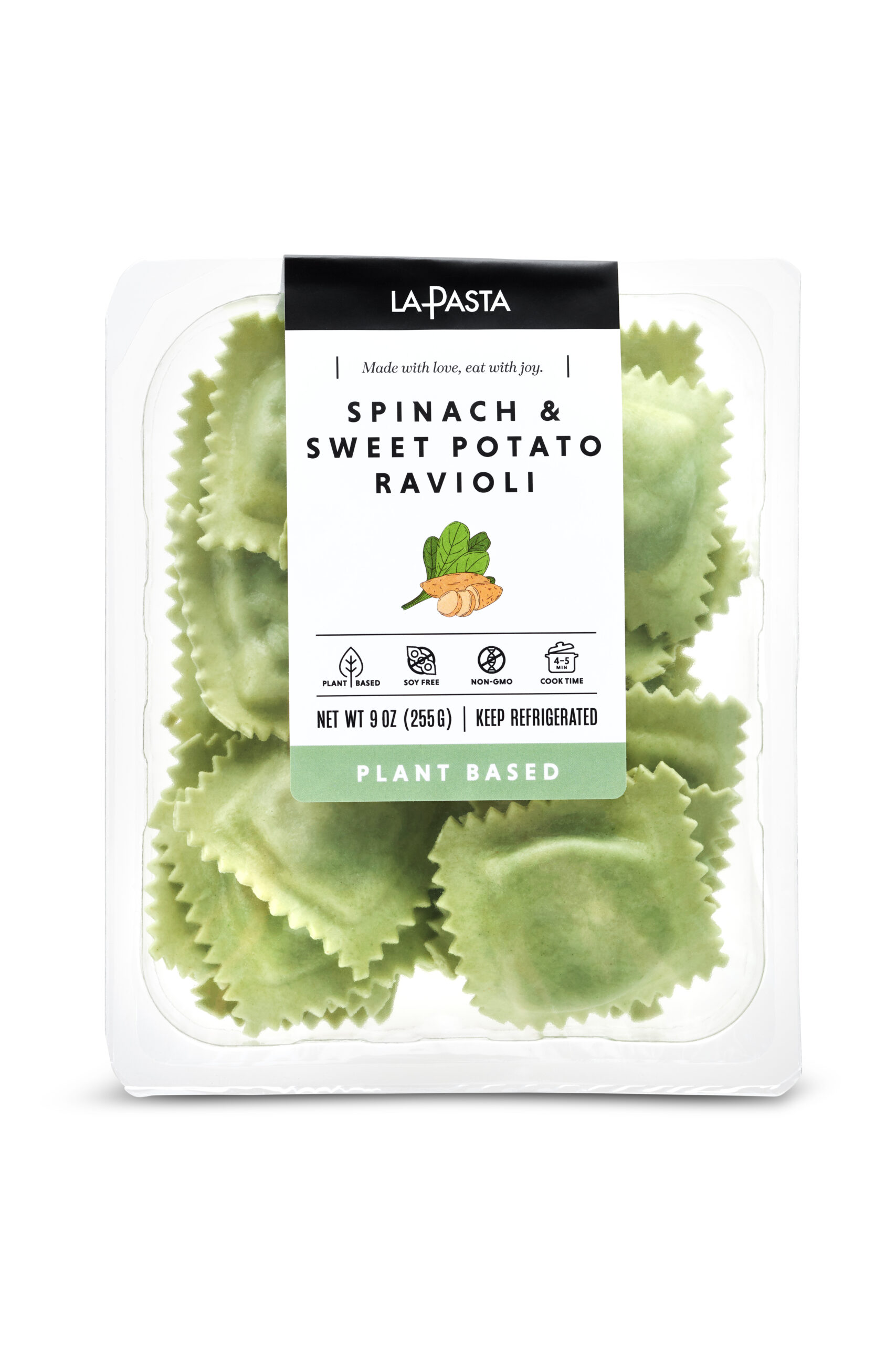 Spinach and sweet potato ravioli packaged in a plastic container.