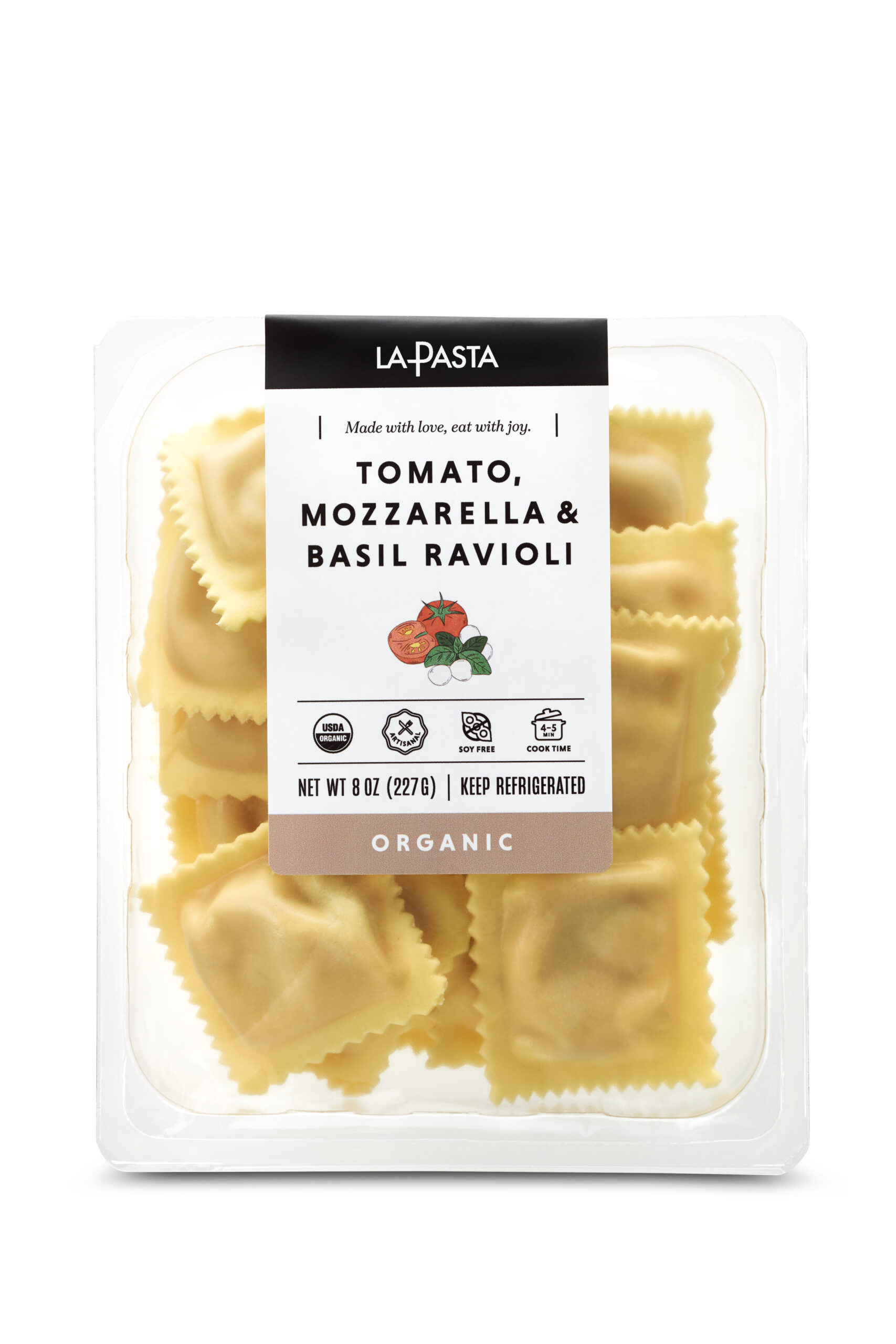 A package of ravioli with tomato, mozzarella and basil.
