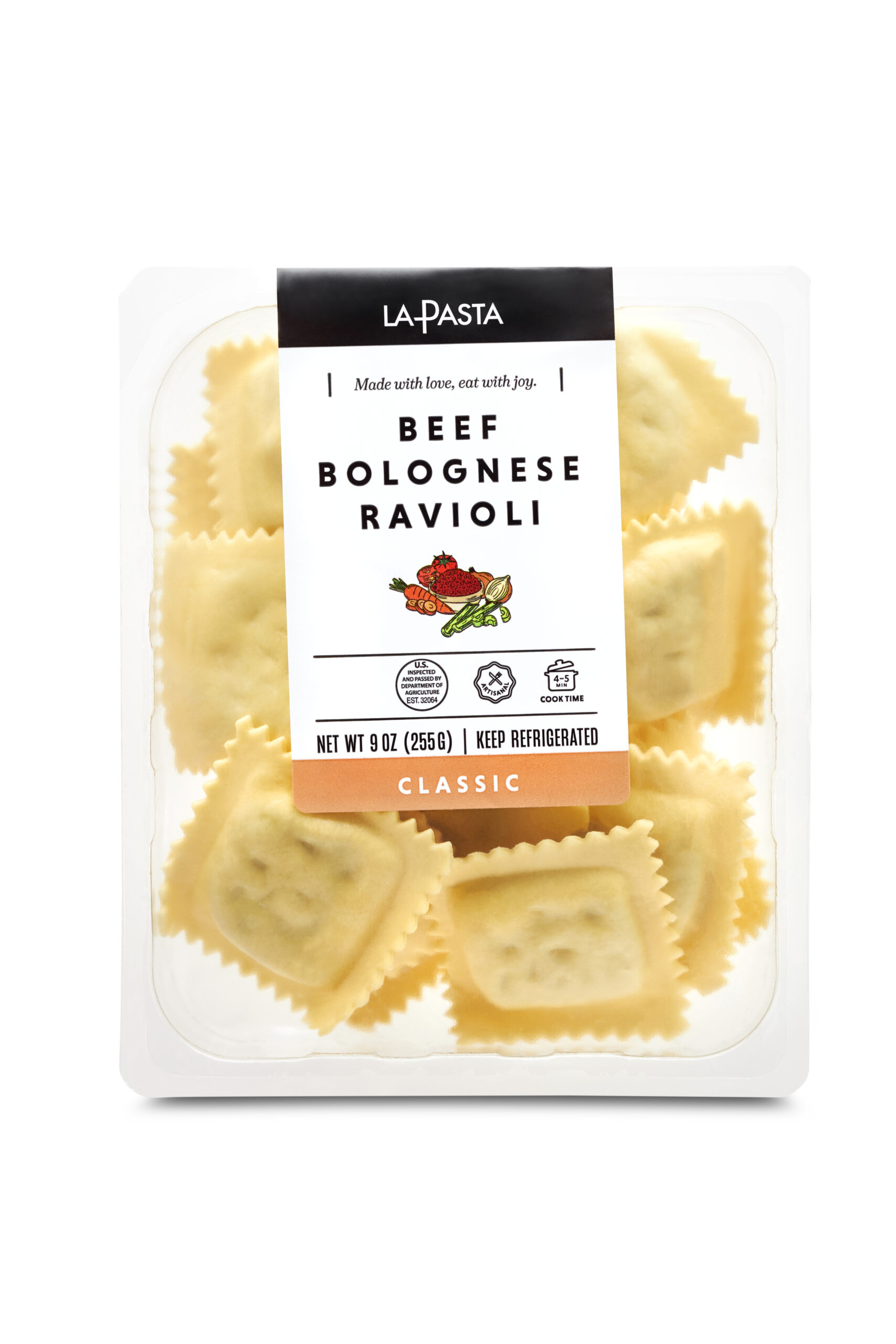 A package of ravioli with meat and cheese.