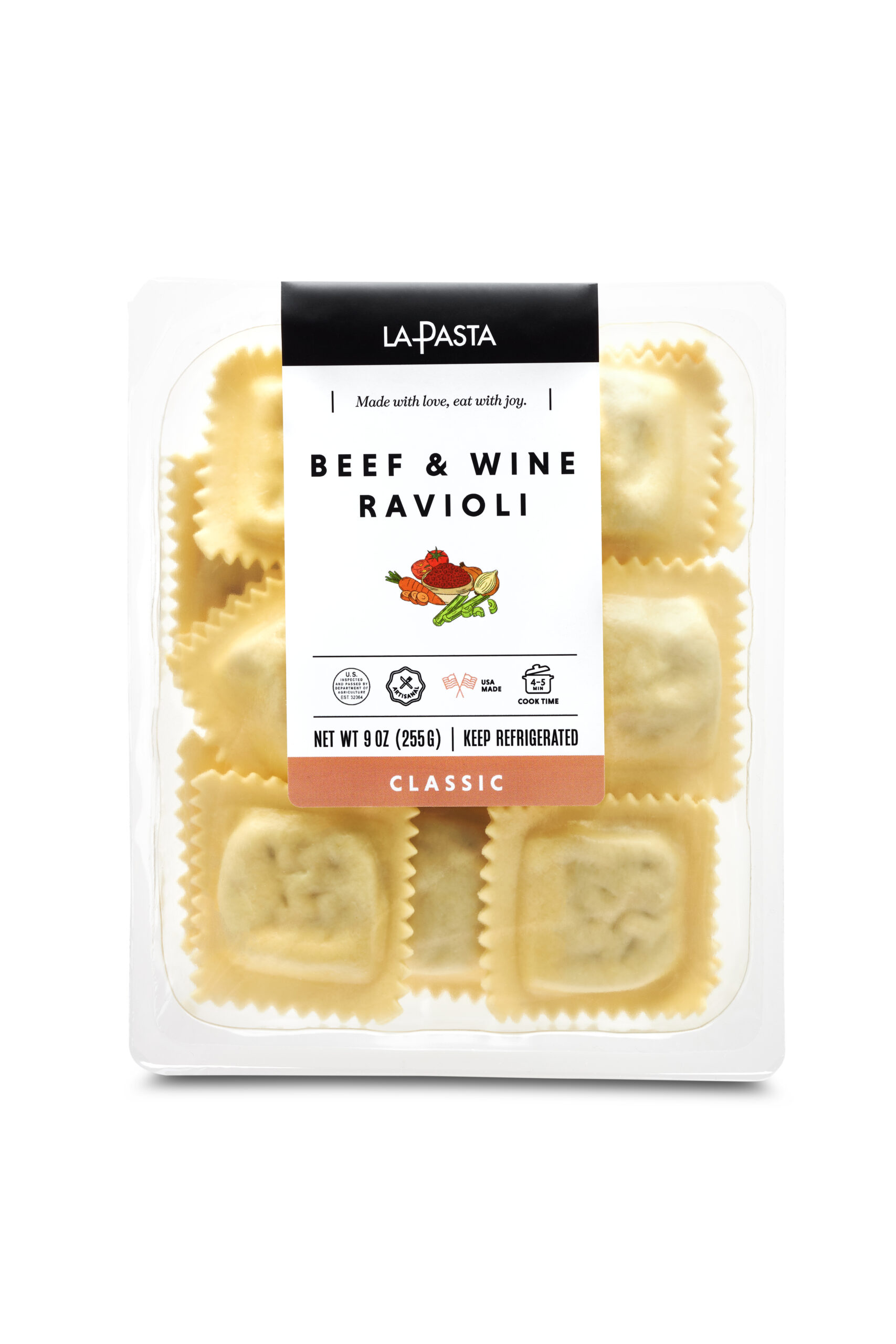 A package of ravioli with meat and wine.