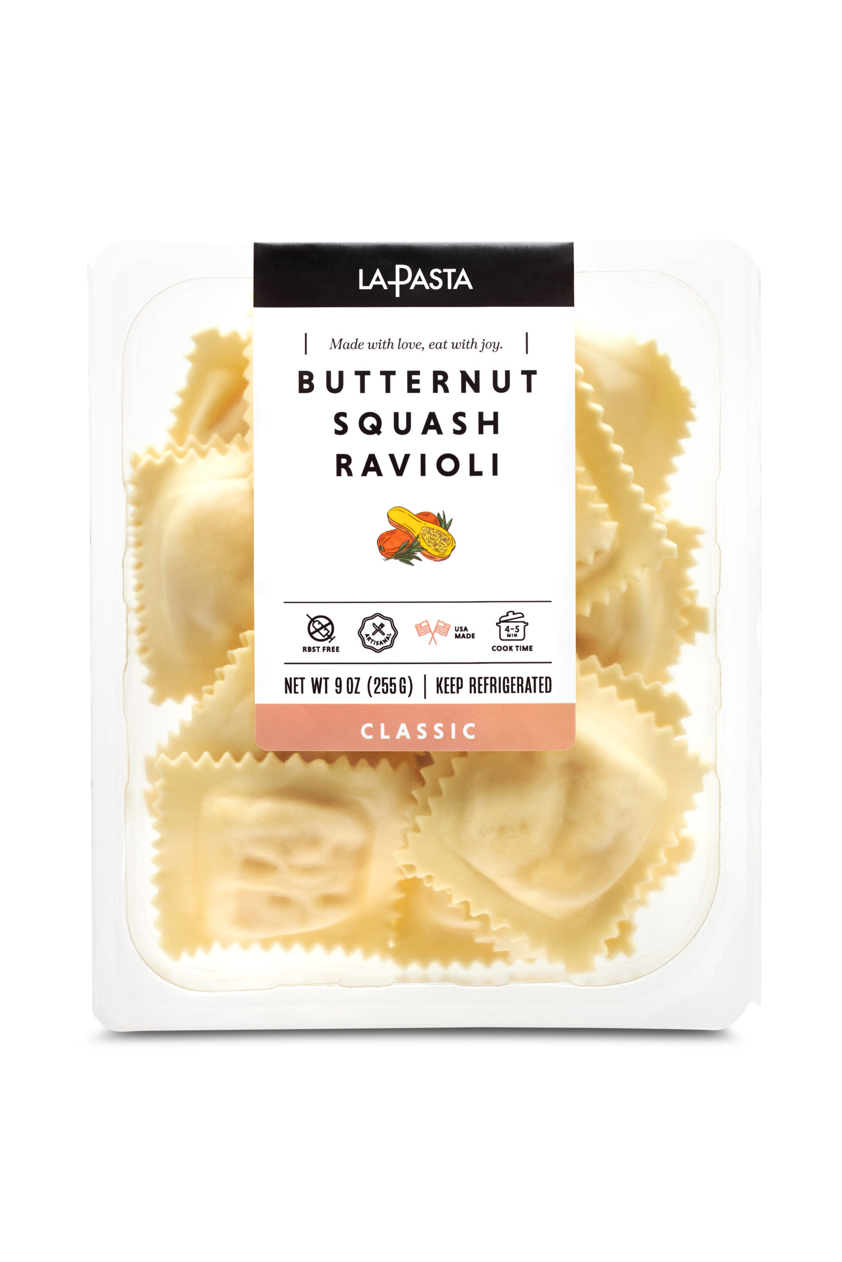 A package of butternut squash ravioli is shown.