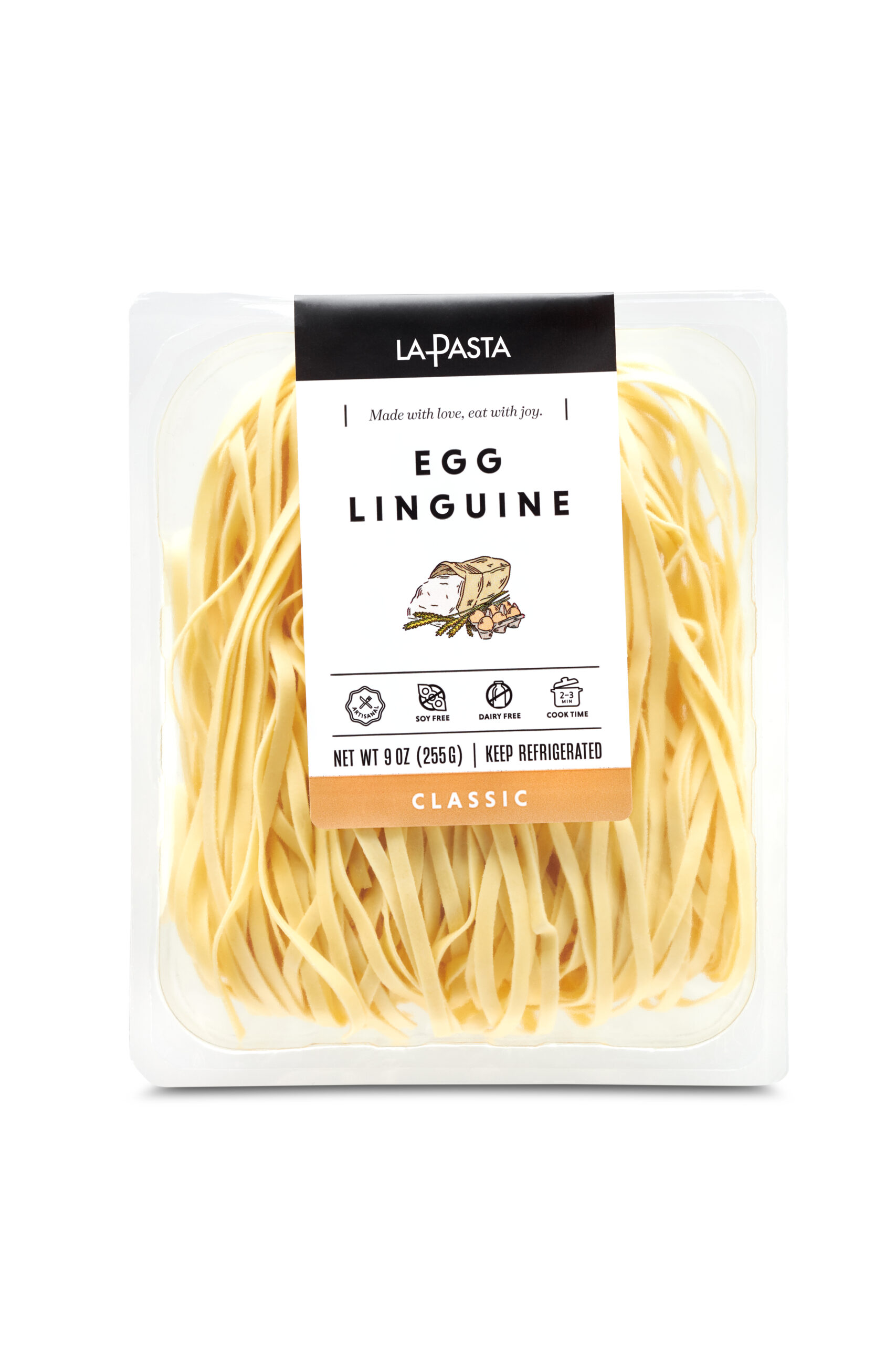 A package of egg linguine pasta.