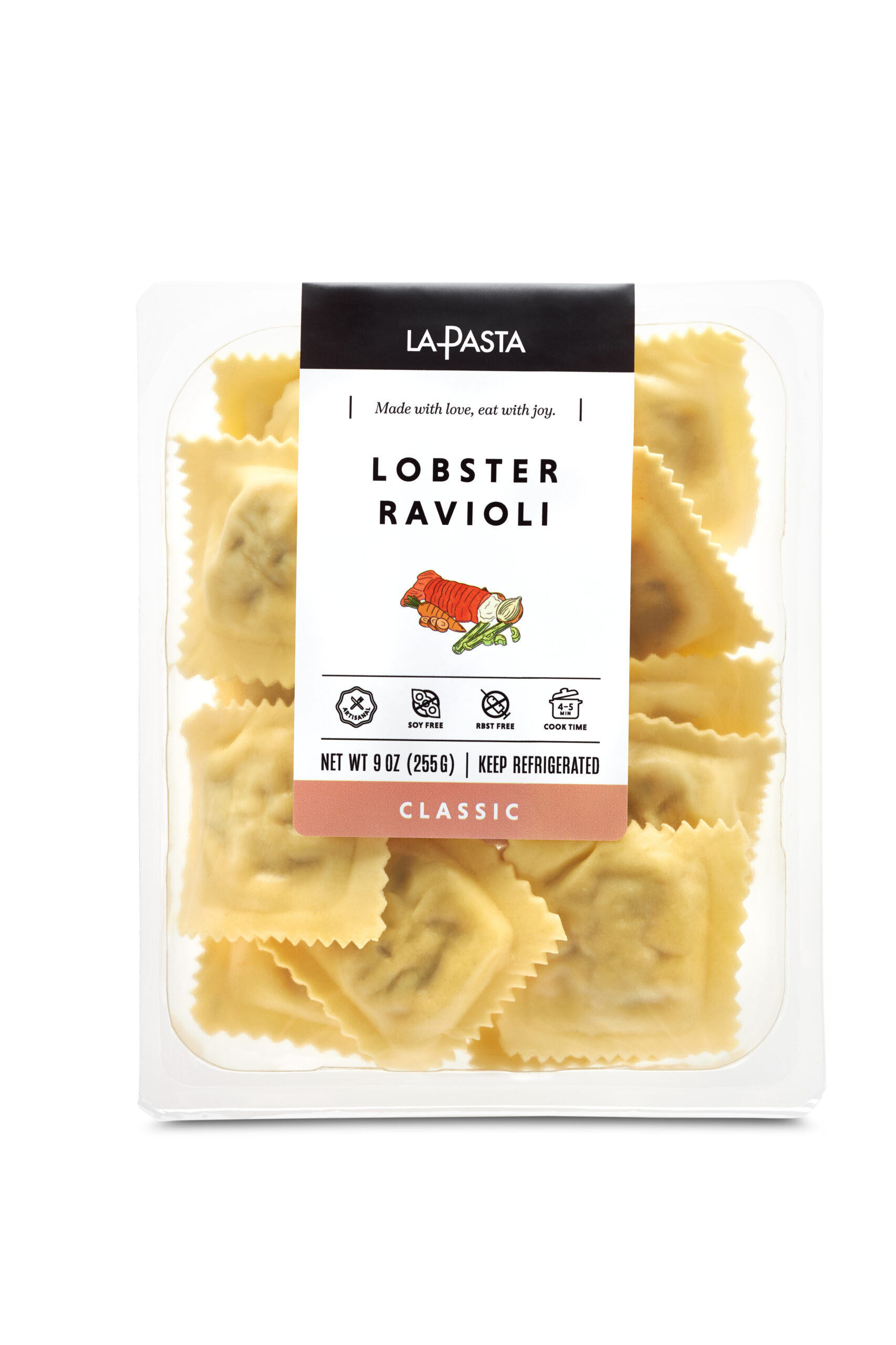 A bag of lobster ravioli is shown.